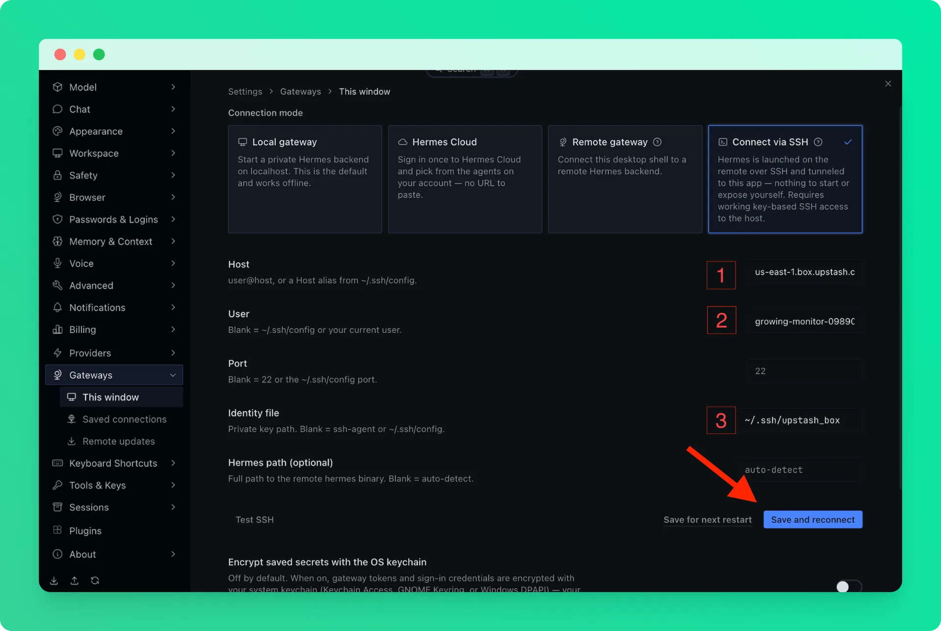 Connect via SSH settings in Hermes Desktop