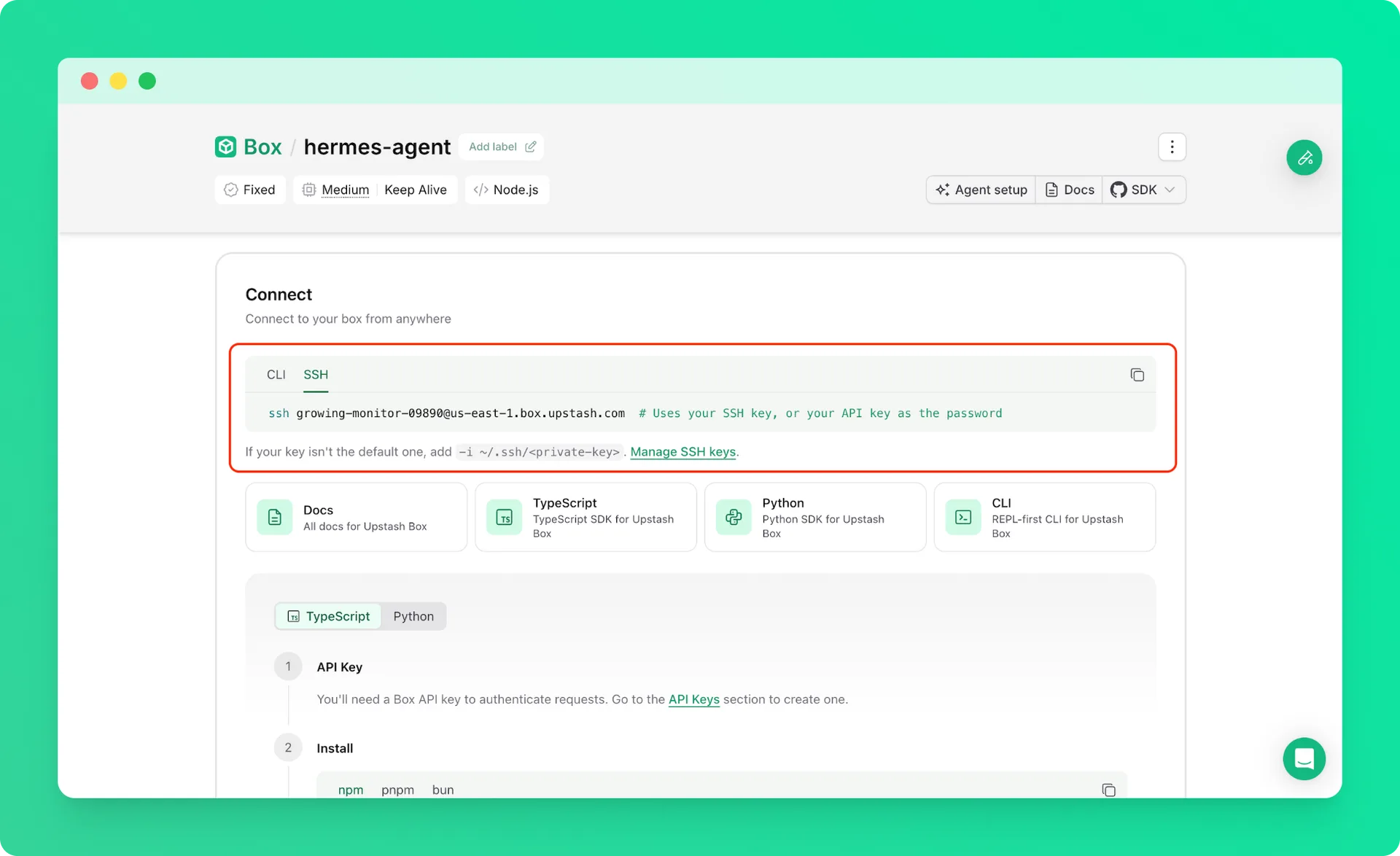 The SSH tab in the box's Connect section