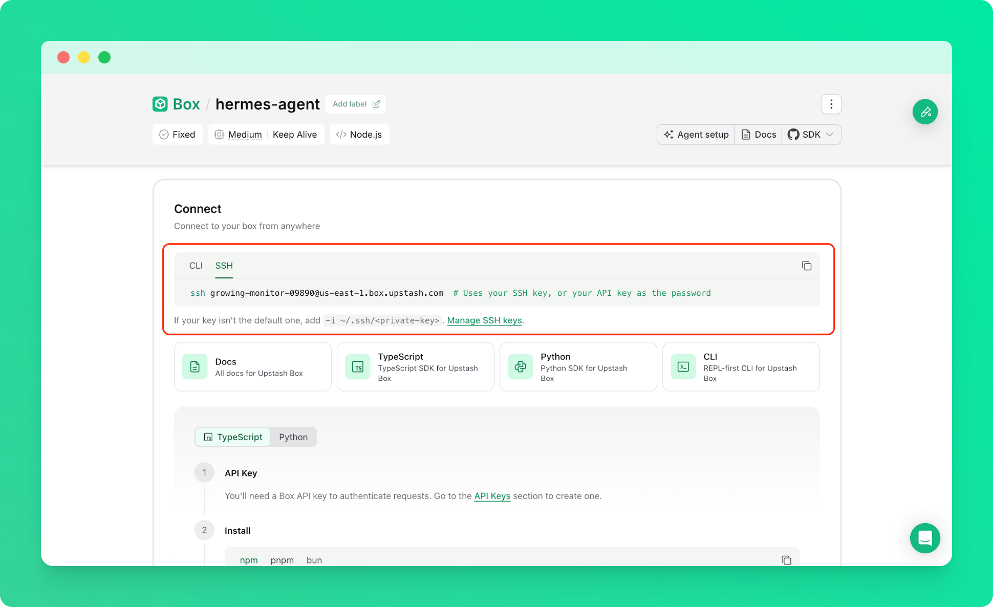 The SSH tab in the box's Connect section